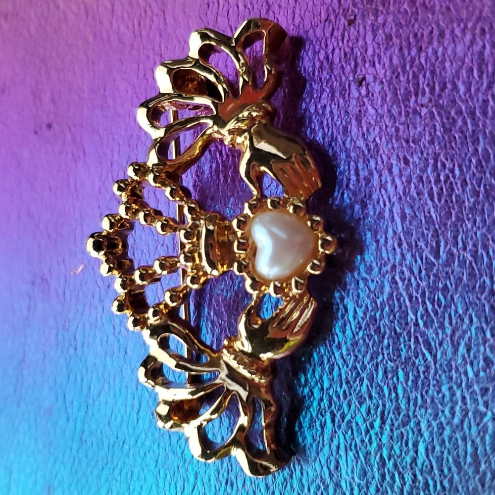 Gold Heart Claddagh Brooch with Pearl Accent - Women Jewelry